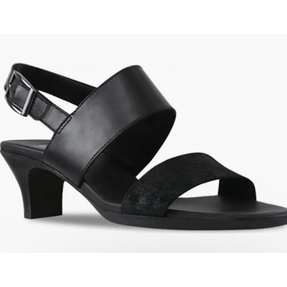 New $199 Munro Livia 7.5 W Wide Slingback Sandal Leather Black Heels Hook Loop